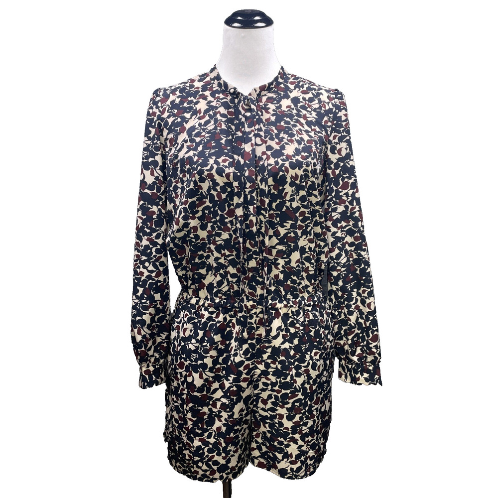 Ann Taylor Loft Floral Long Slv Romper W 4 Black/Brown Tie Neck Casual Career